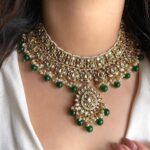 Ghazal Kundan Bridal Choker Necklace with Emerald Green Bead Drops