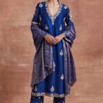 Royal Blue Embroidered Kurta Set with Brocade Dupatta