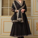 Black Cotton Anarkali Set with Zari Embroidered Borders