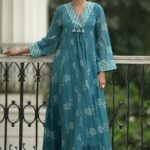 Dusty Teal Floral Anarkali Set with Printed Pants